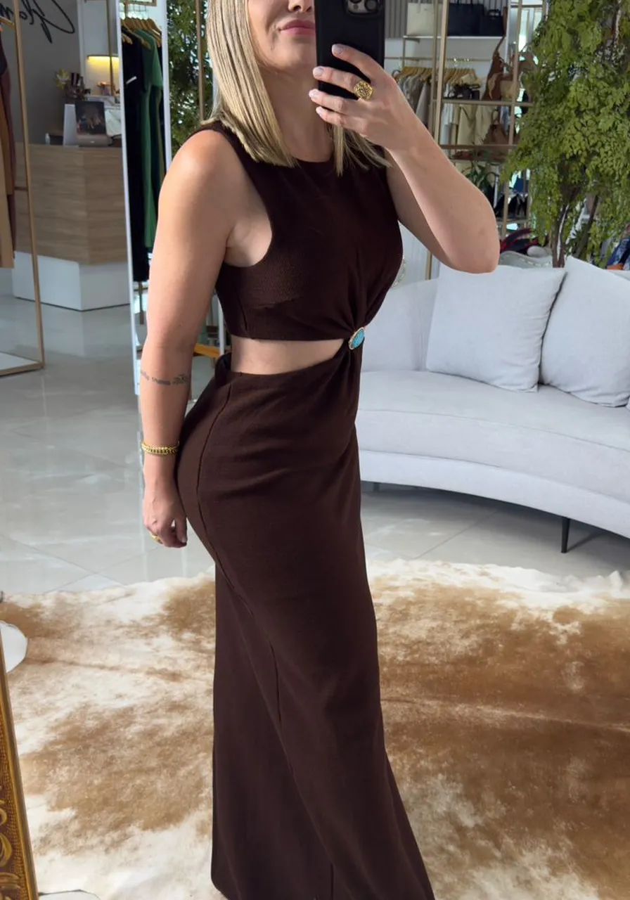 Vestido Super Midi Sem Manga Marrom Lança Perfume Ref 14983