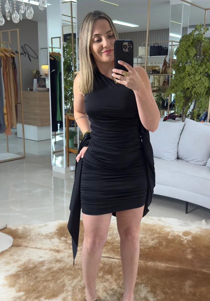 Vestido Curto Ombro Unico Preto Lança Perfume Ref 15887
