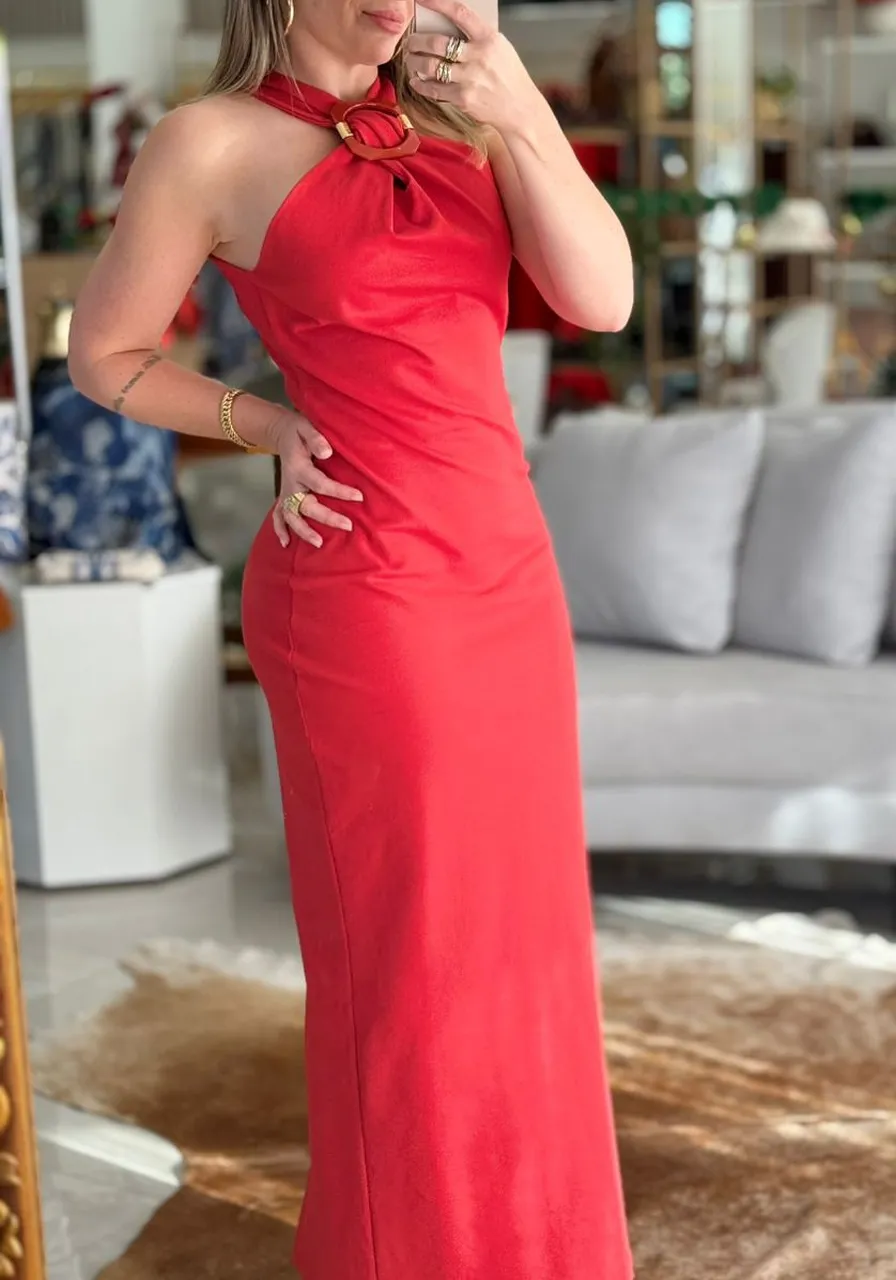 Vestido Super Midi Sem Manga Vermelho Com Fenda Lança Perfume Ref 14983
