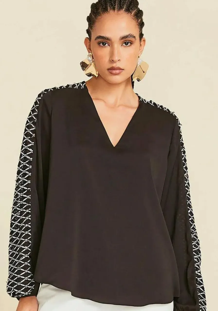 Bata Decote V Detalhe Renda Preto