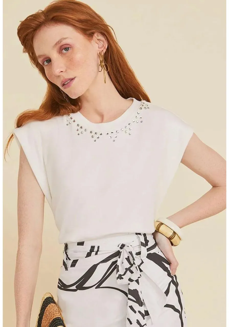 T-shirt Detalhe Aplicações Branco