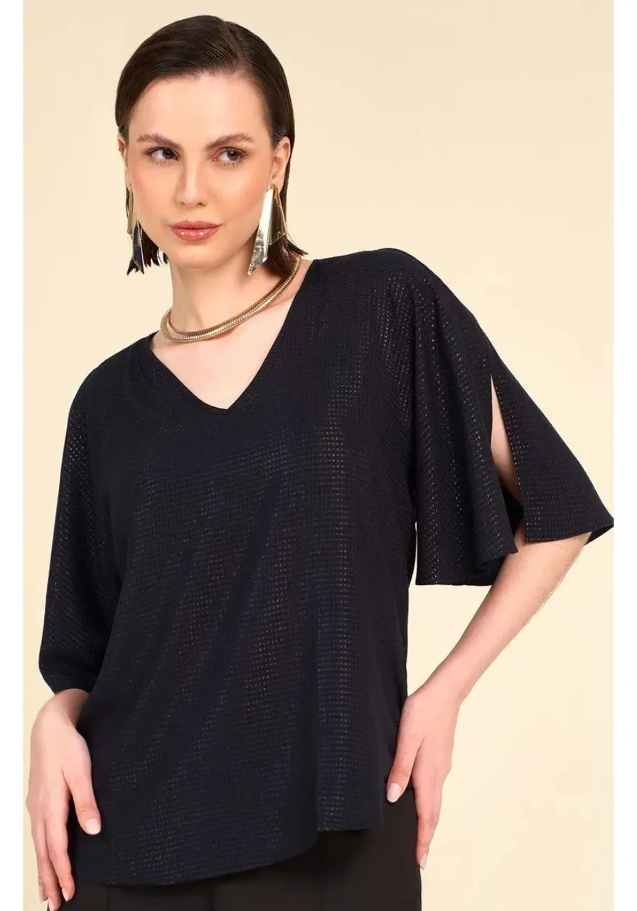 Blusa Ampla Decote V Manga Com Abertura Preto