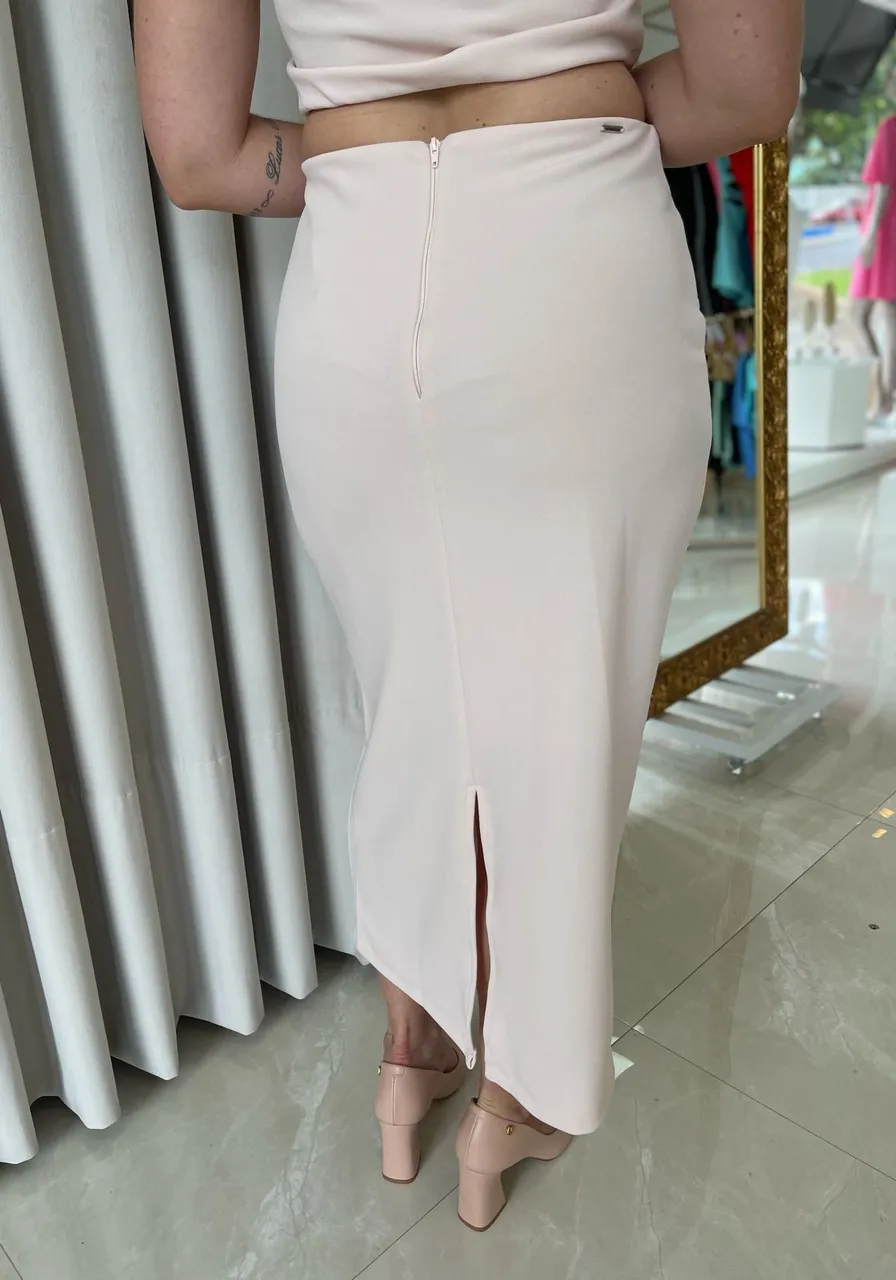 Saia Morena Rosa Midi Reta Detalhe Bege