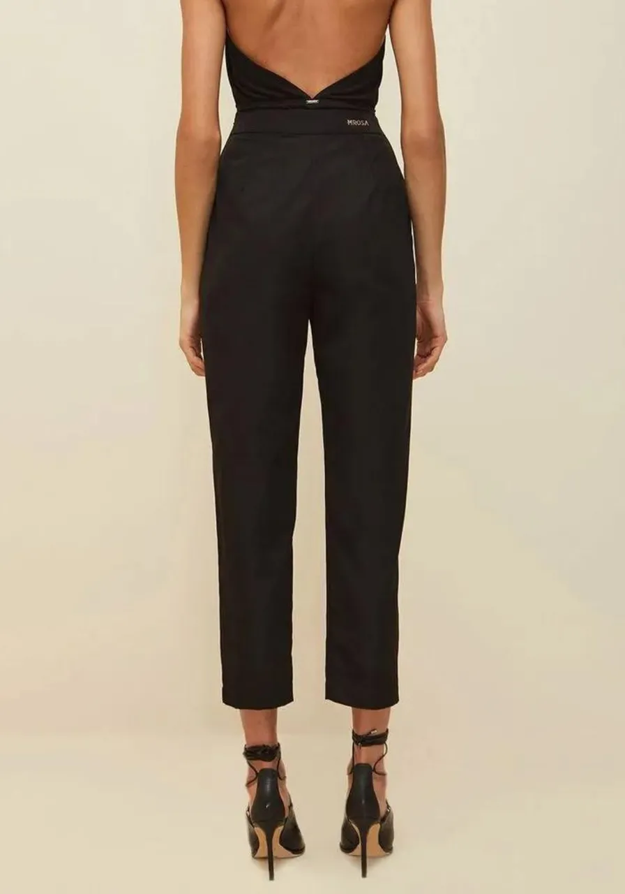 Calça Reta Cós Alto Detalhe Elástico Preto