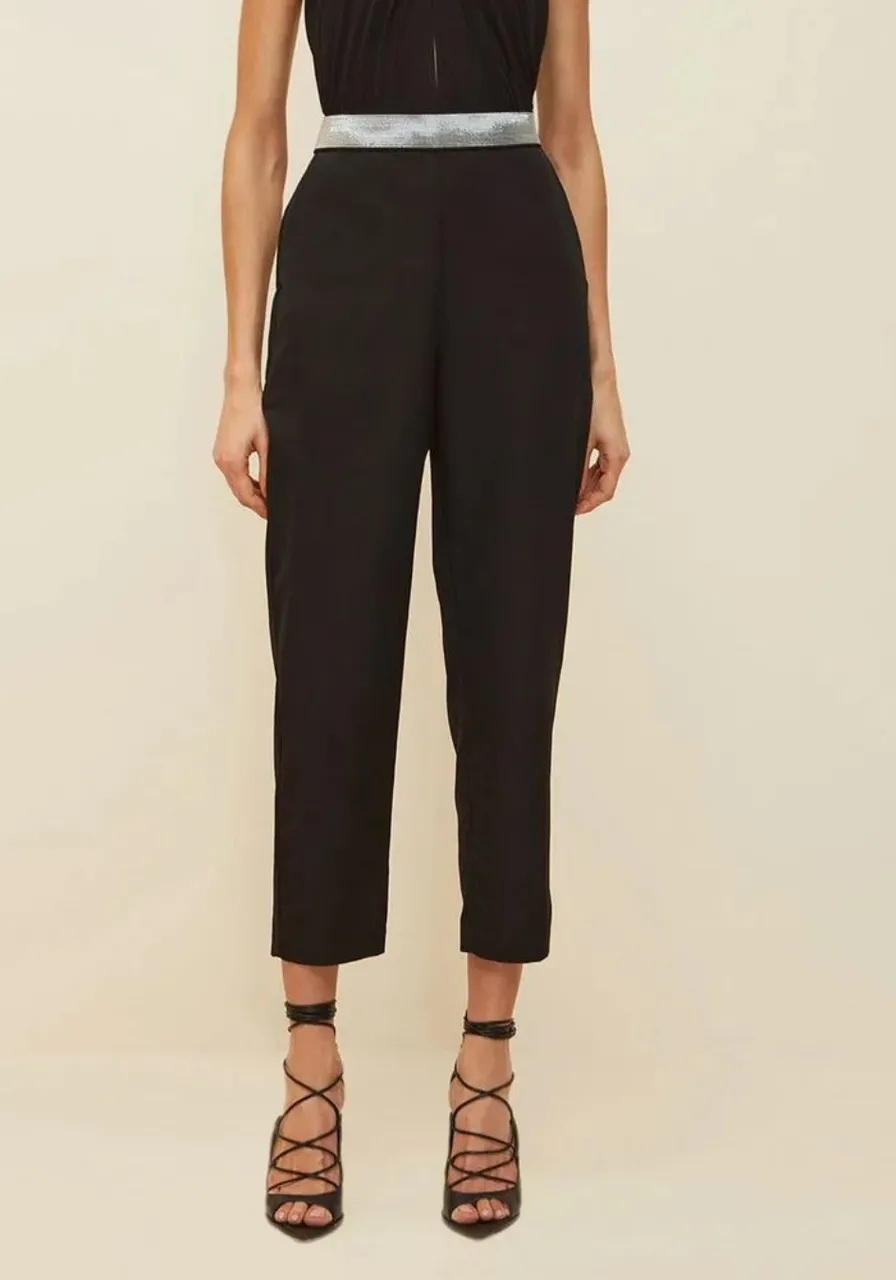 Calça Reta Cós Alto Detalhe Elástico Preto