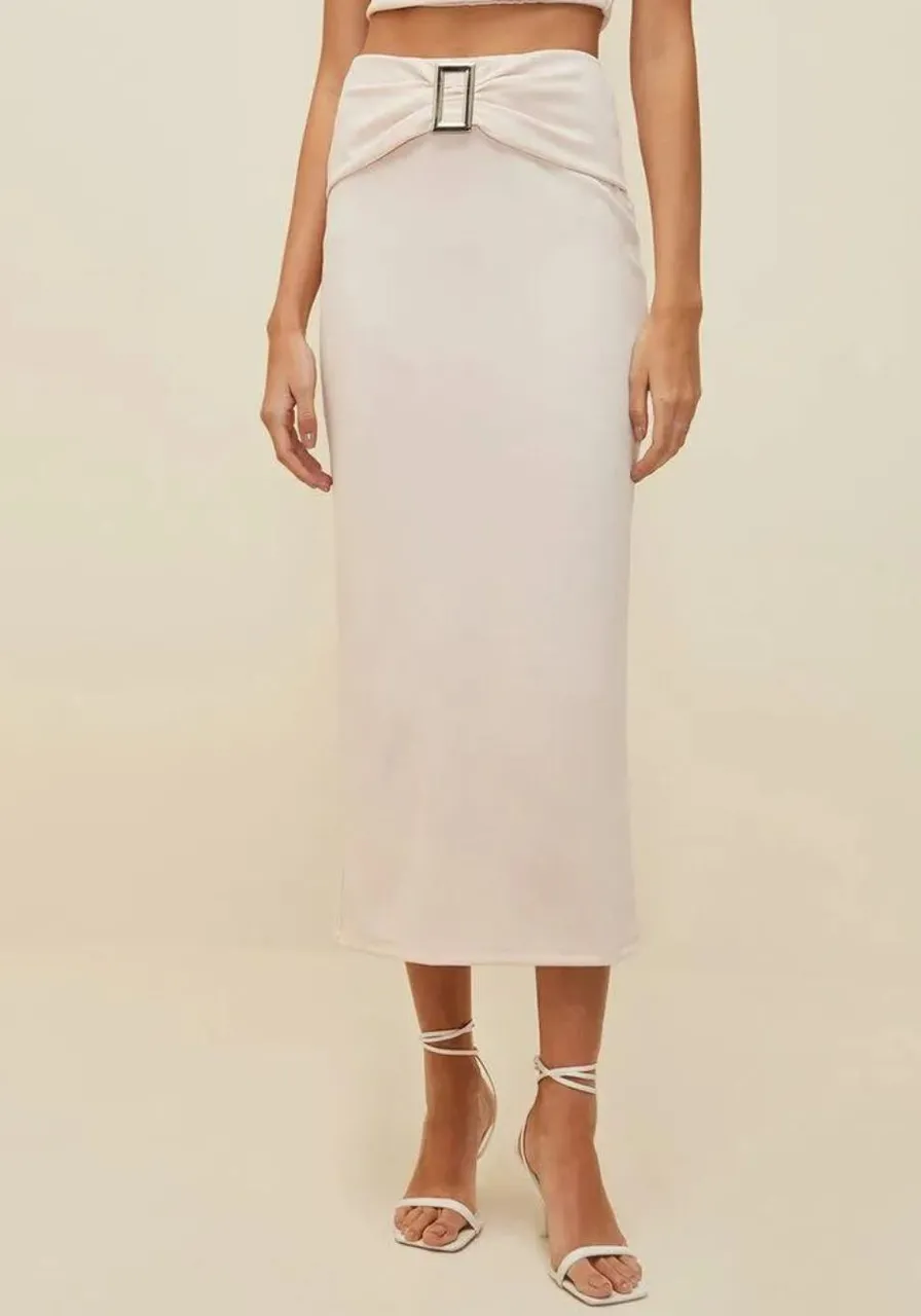 Saia Morena Rosa Midi Reta Detalhe Bege
