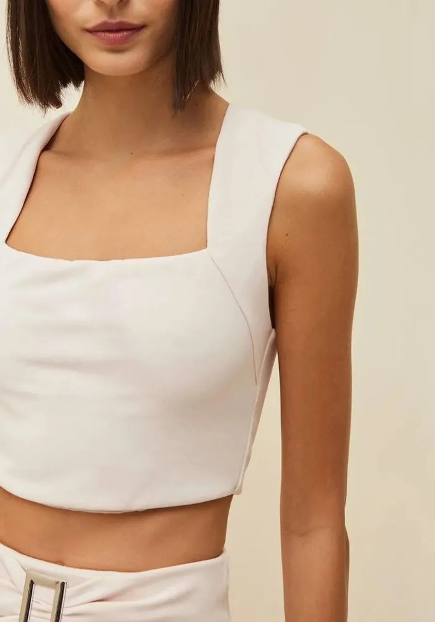 Top Morena Rosa Reto Sem Manga Detalhe Alça Bege