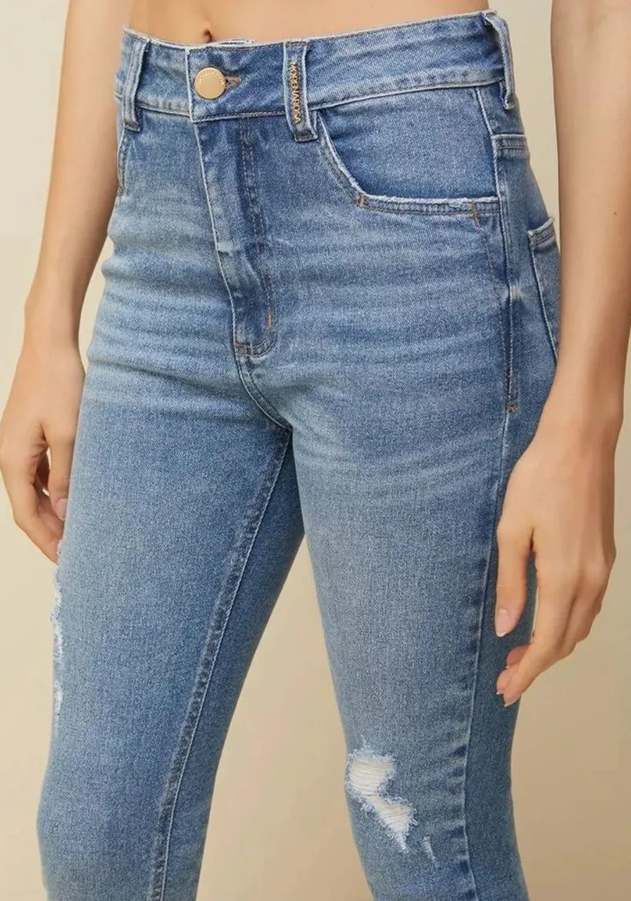 Calca Morena Rosa Skinny Isabelli Cós Alto Detalhe Pesponto Jeans
