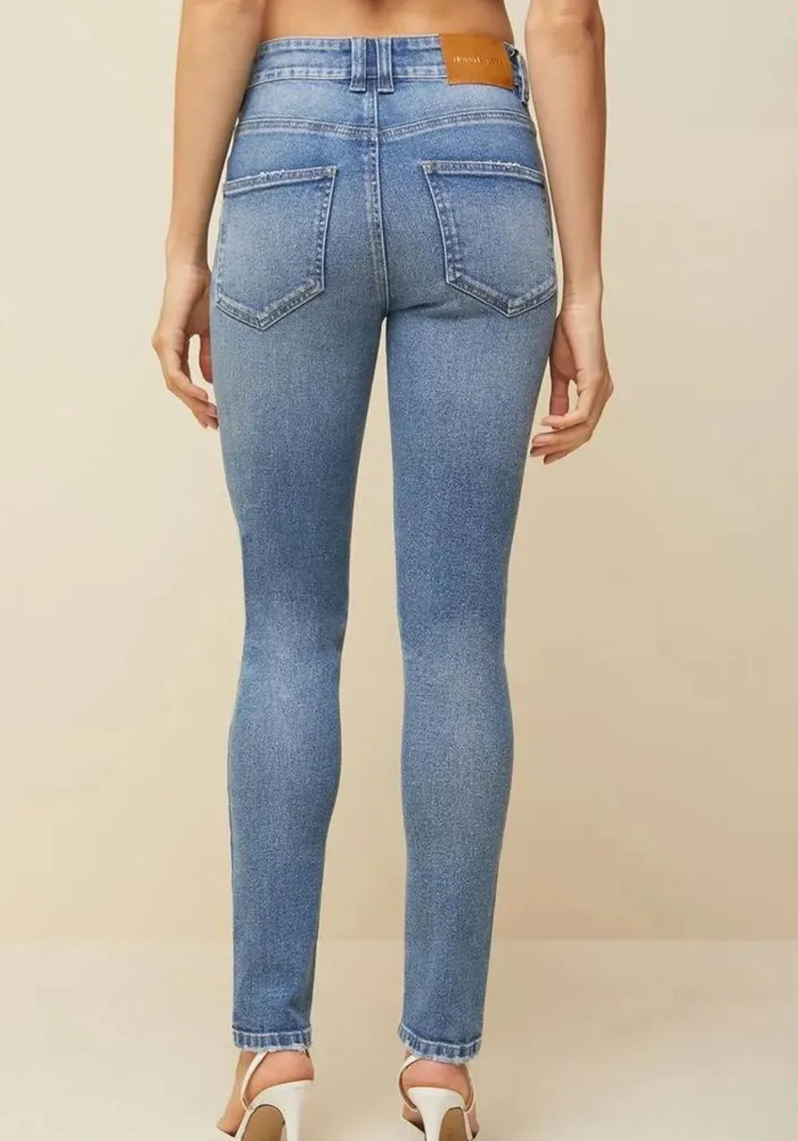 Calca Morena Rosa Skinny Isabelli Cós Alto Detalhe Pesponto Jeans