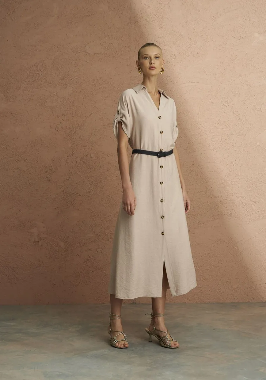 Vestido Midi Com Cinto Bege