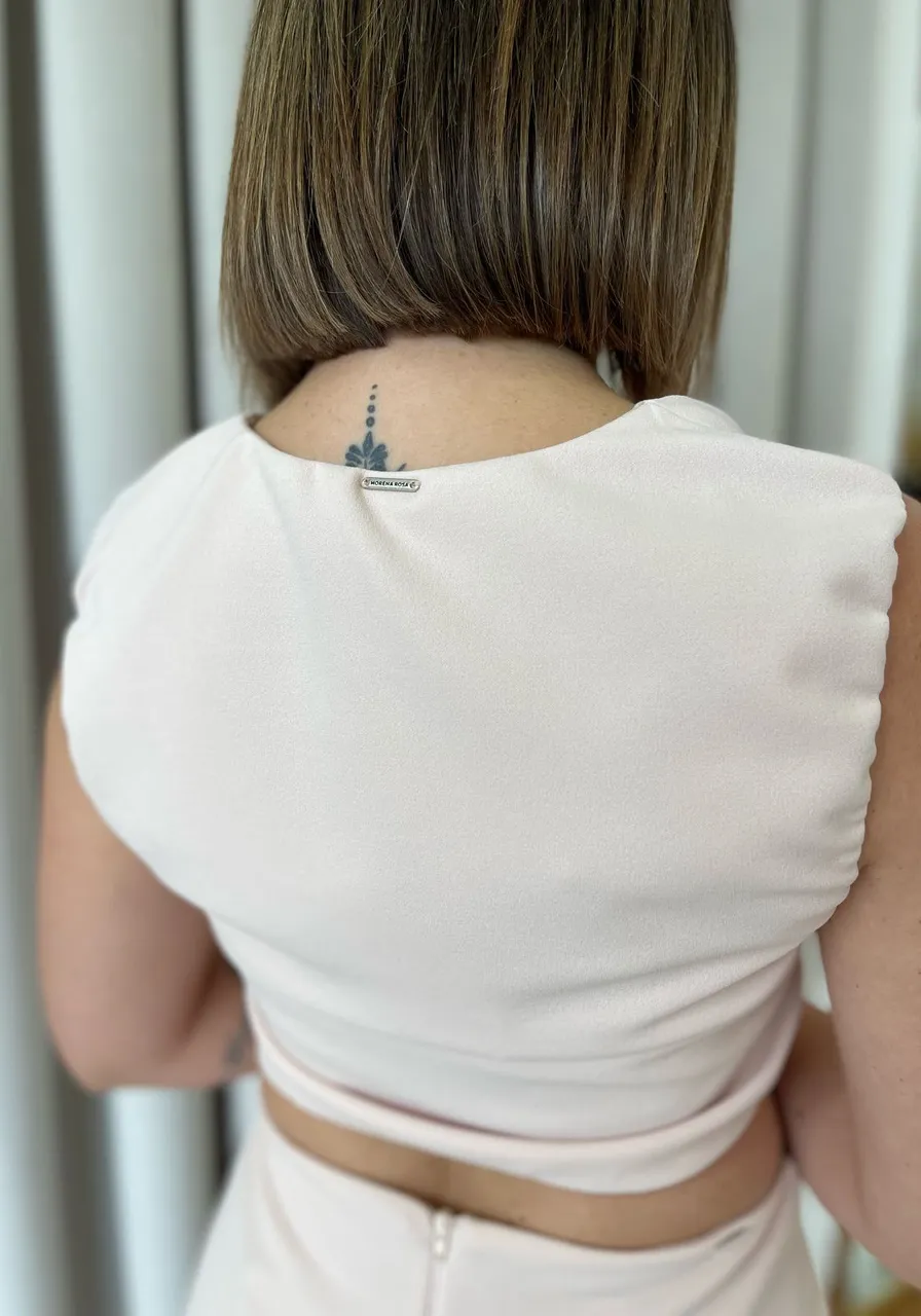 Top Morena Rosa Reto Sem Manga Detalhe Alça Bege