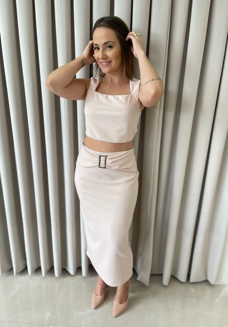 Top Morena Rosa Reto Sem Manga Detalhe Alça Bege