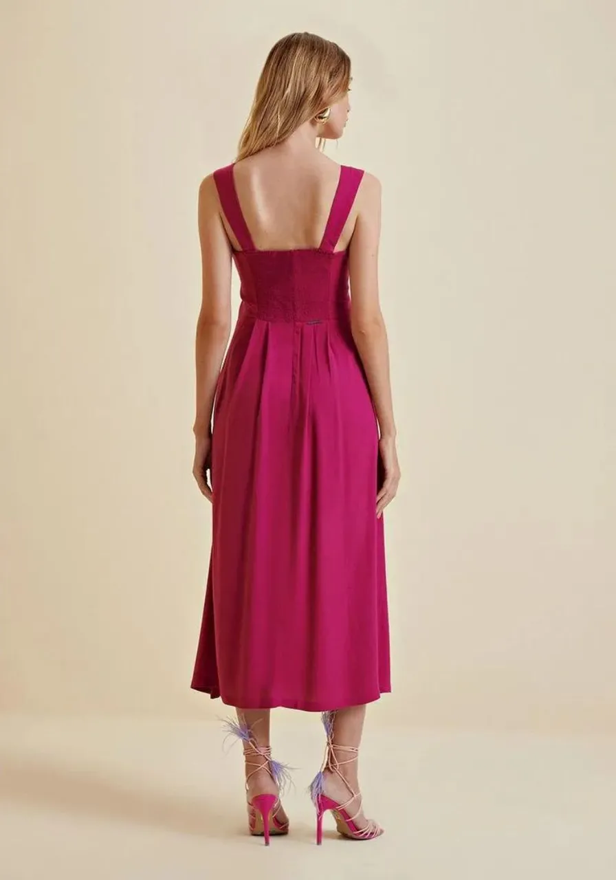 Vestido Morena Rosa Midi Decote Quadrado