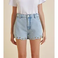 Short Jeans Curto Detalhes Metal E Bordado - imagem 2