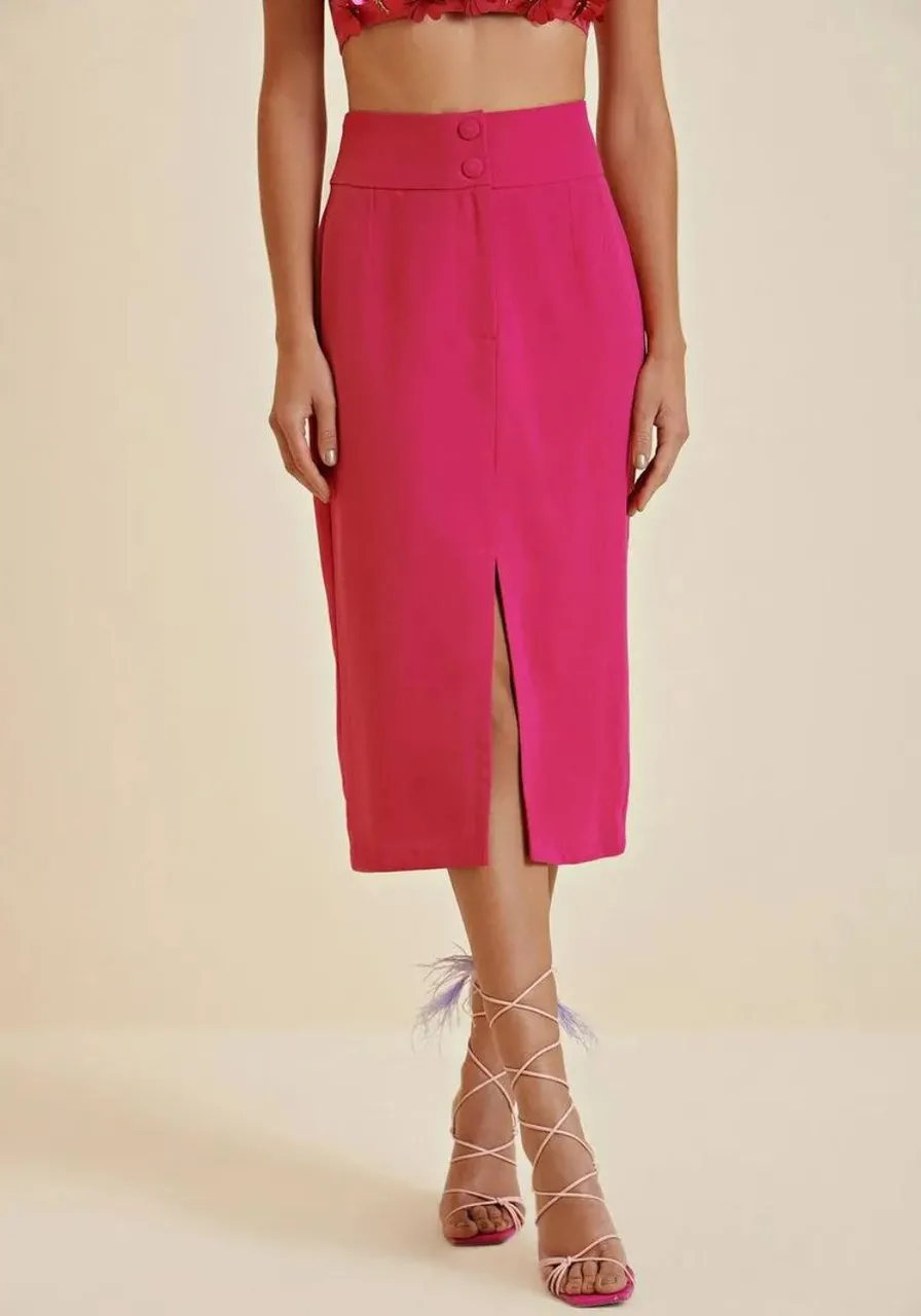 Saia Morena Rosa Midi Reta Com Fenda