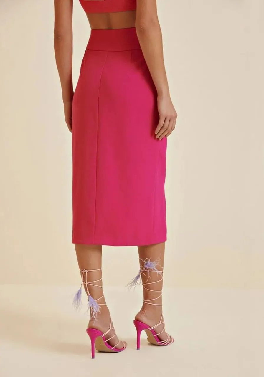 Saia Morena Rosa Midi Reta Com Fenda