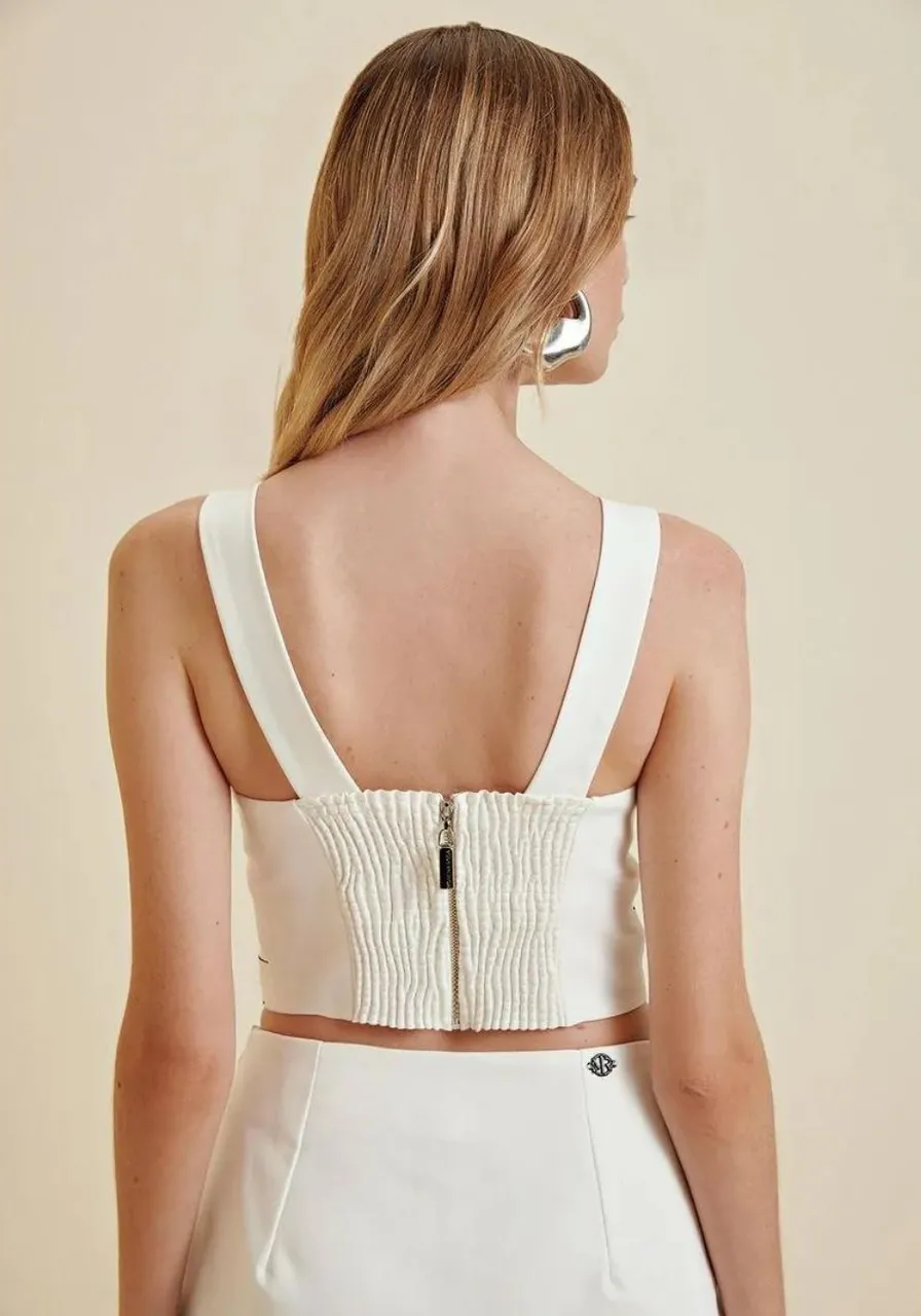 Top Cropped Decote V Com Bordado