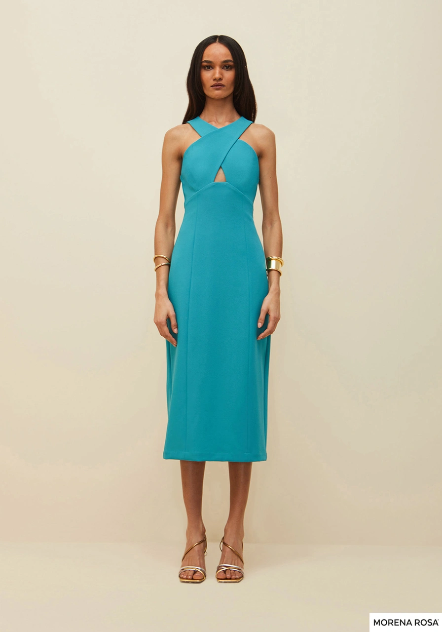 Vestido Morena Rosa Midi Decote Transpassado e Fenda 