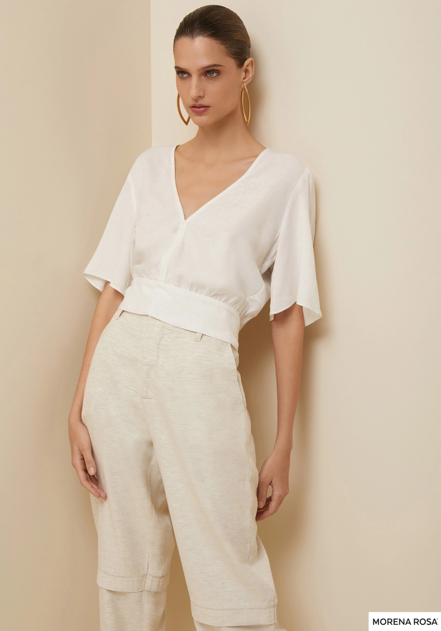 Blusa Decote V Manga Curta Amarração Off White
