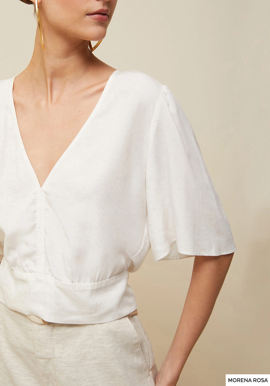 Blusa Decote V Manga Curta Amarração Off White