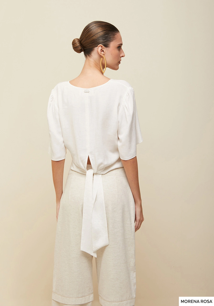 Blusa Decote V Manga Curta Amarração Off White
