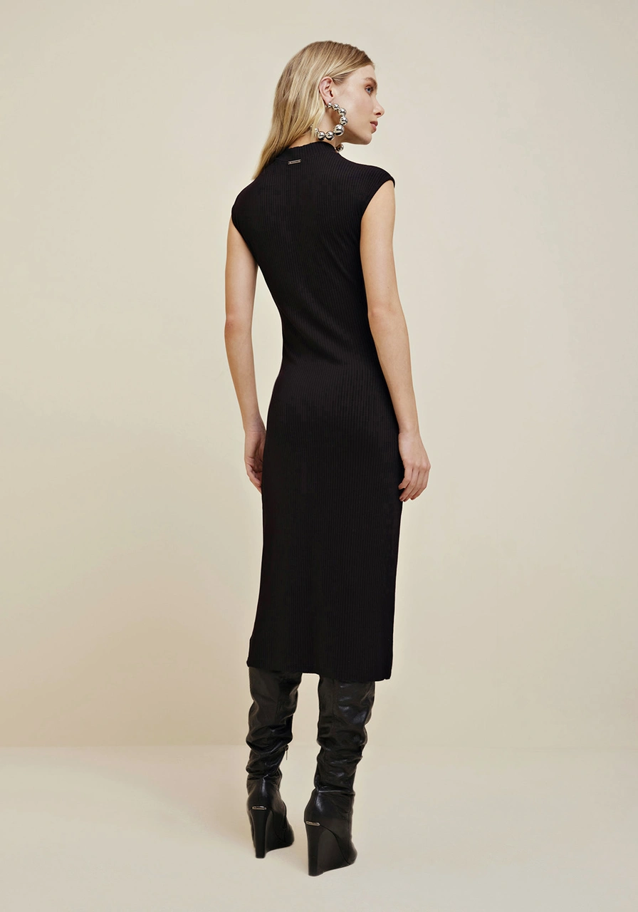 Vestido Midi Gola Alta Canelado Com Aplicações