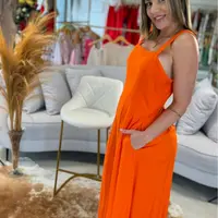 Vestido Morena Rosa Midi Decote Quadrado Laranja - imagem 1
