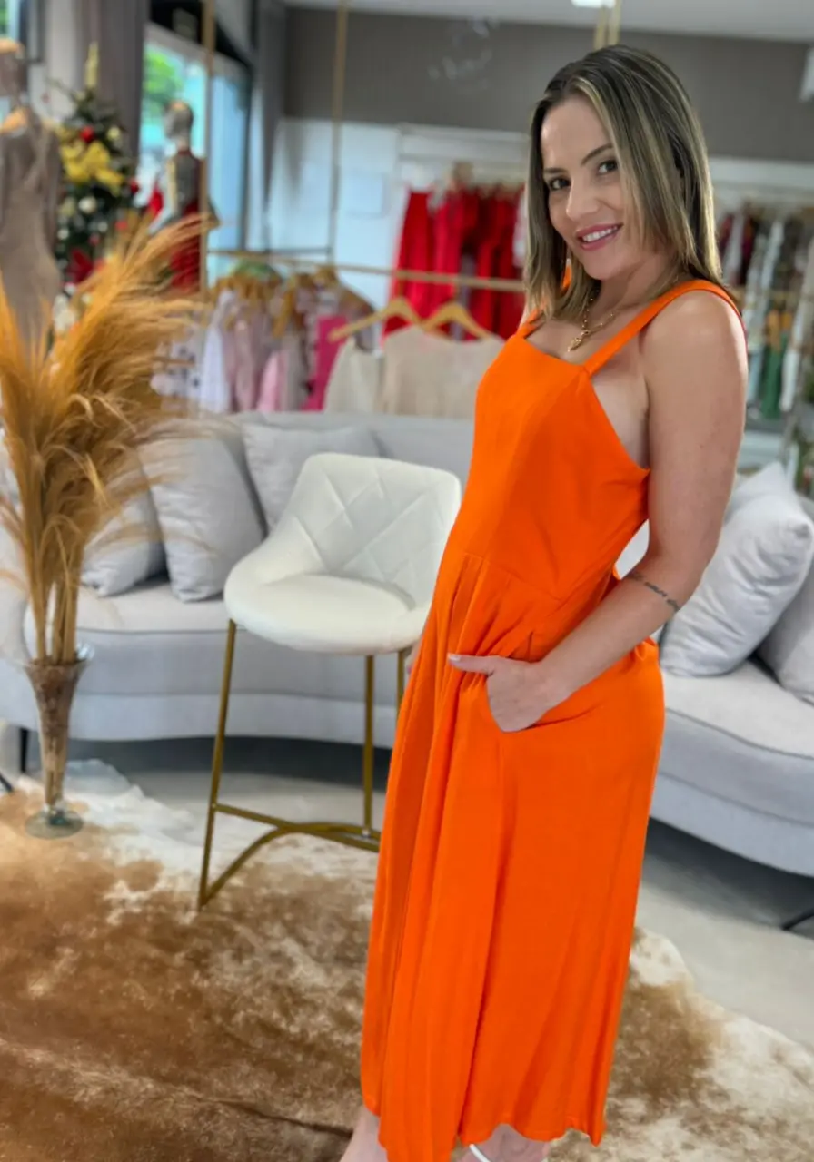 Vestido Morena Rosa Midi Decote Quadrado Laranja