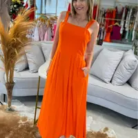 Vestido Morena Rosa Midi Decote Quadrado Laranja - imagem 2