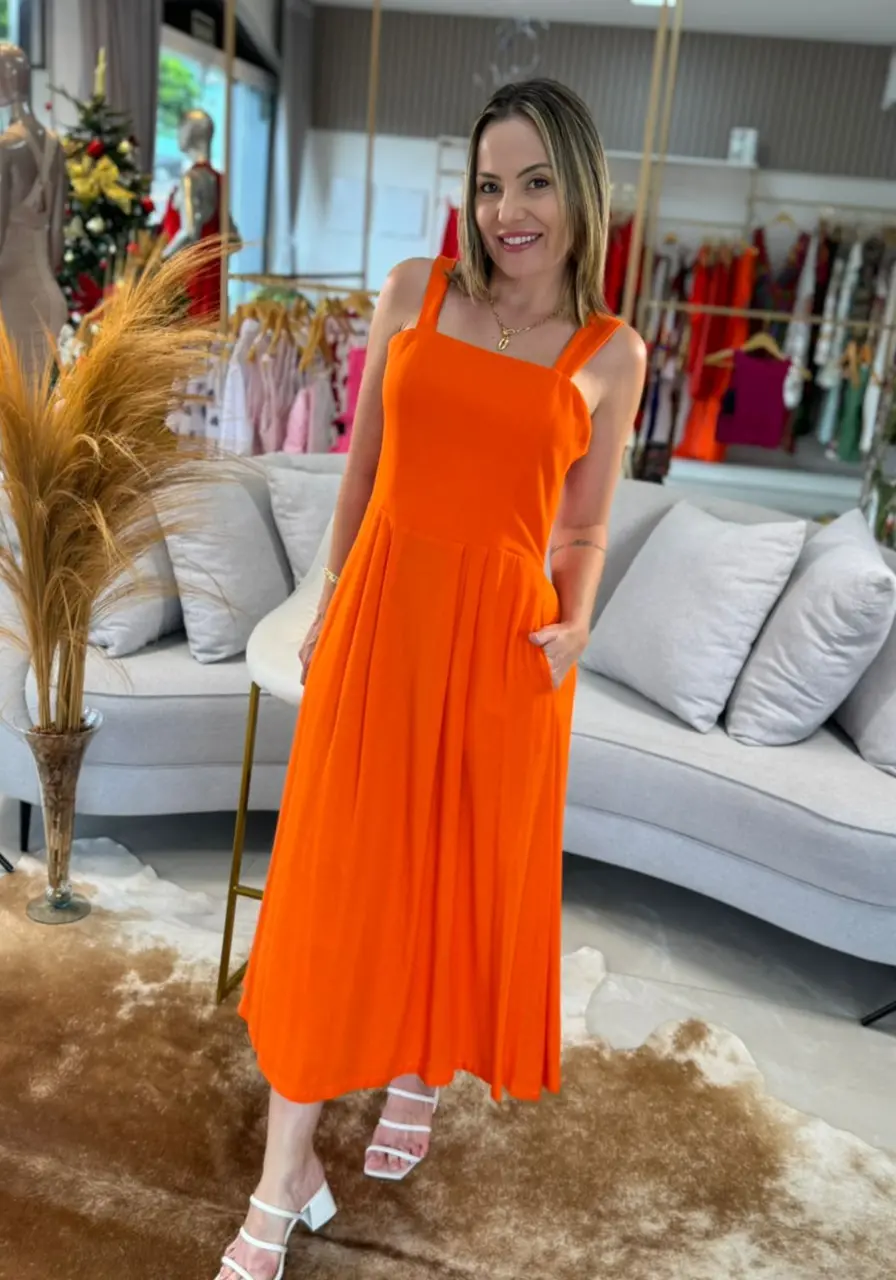 Vestido Morena Rosa Midi Decote Quadrado Laranja