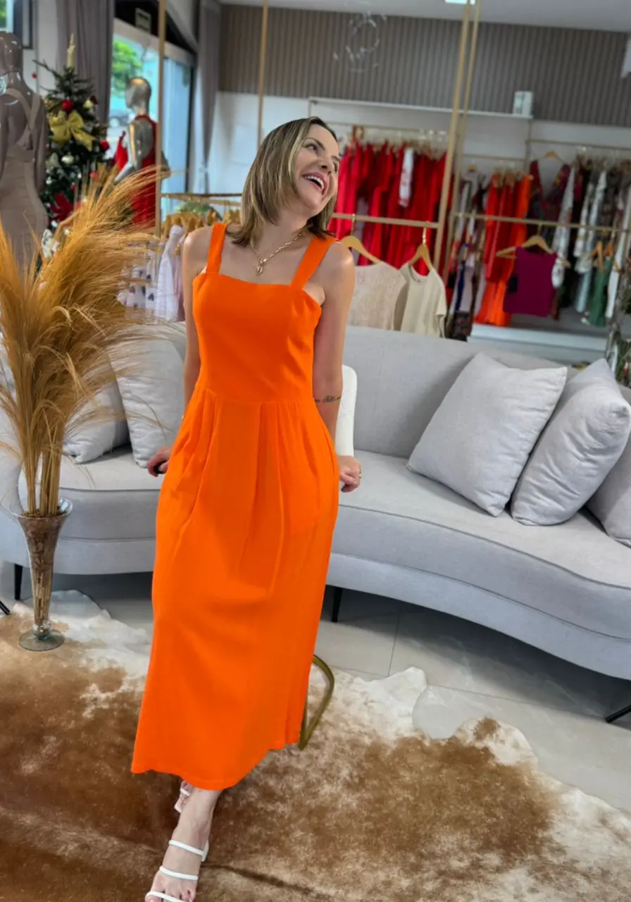 Vestido Morena Rosa Midi Decote Quadrado Laranja