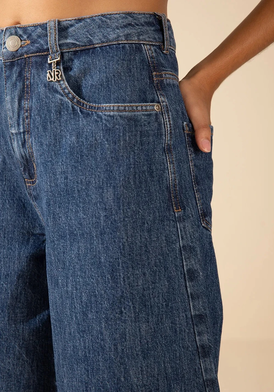 Bermuda Reta Alta Azul Morena Rosa Ref 15015