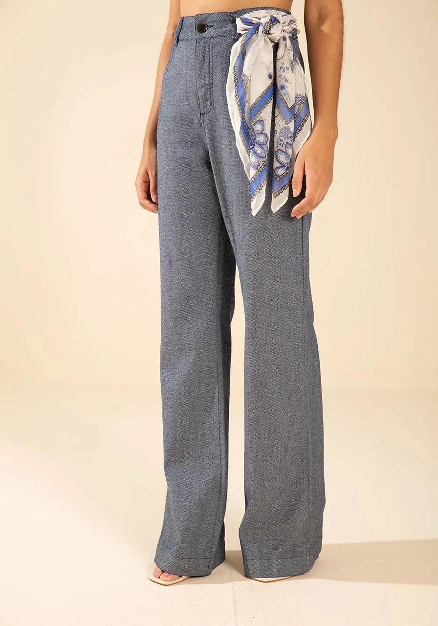 Calça Flare Alta Azul Com Lenço Morena Rosa Ref 15069