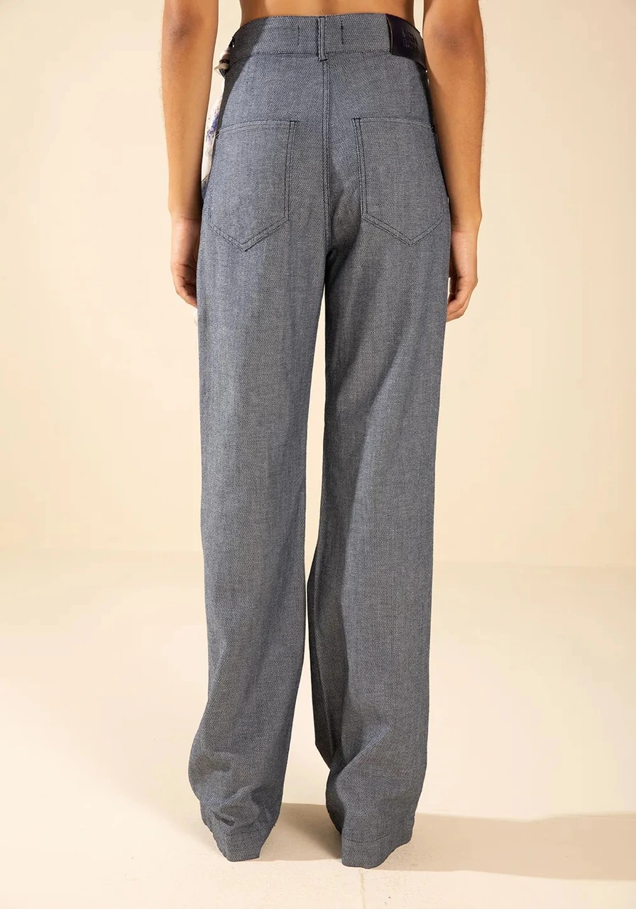 Calça Flare Alta Azul Com Lenço Morena Rosa Ref 15069