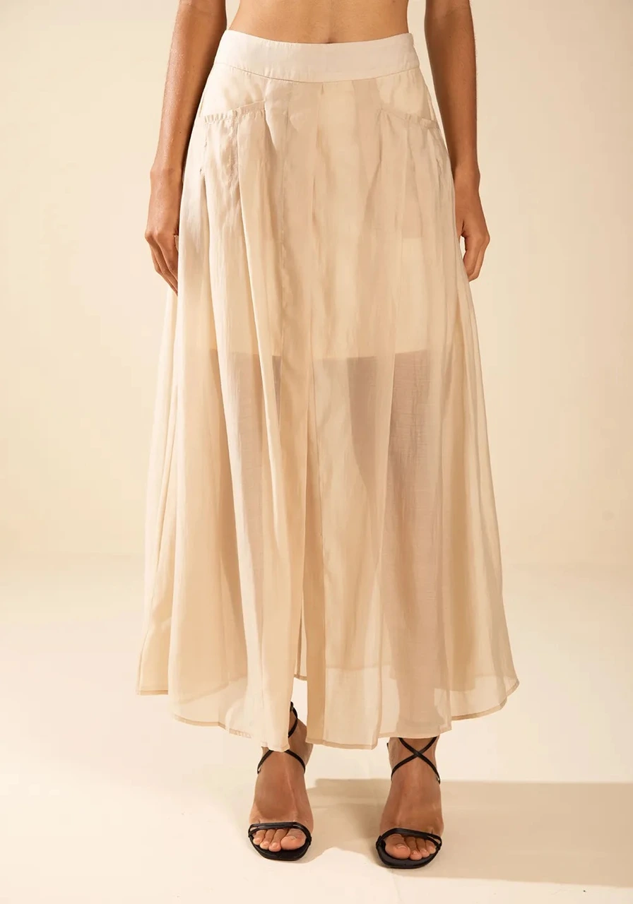 Saia Evase Alta Midi Bege Morena Rosa Ref 15521