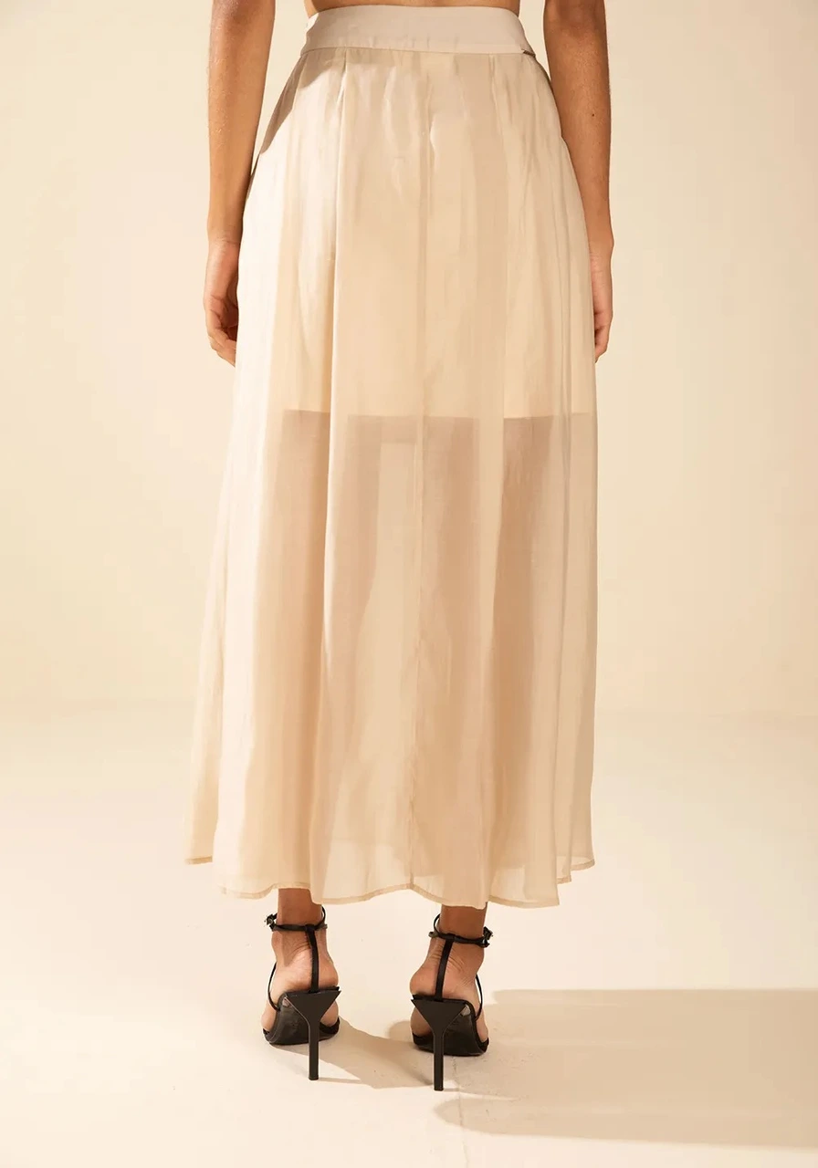 Saia Evase Alta Midi Bege Morena Rosa Ref 15521