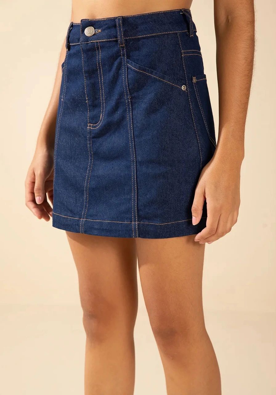 Saia Reta Alta Curta Azul Morena Rosa Ref 15526