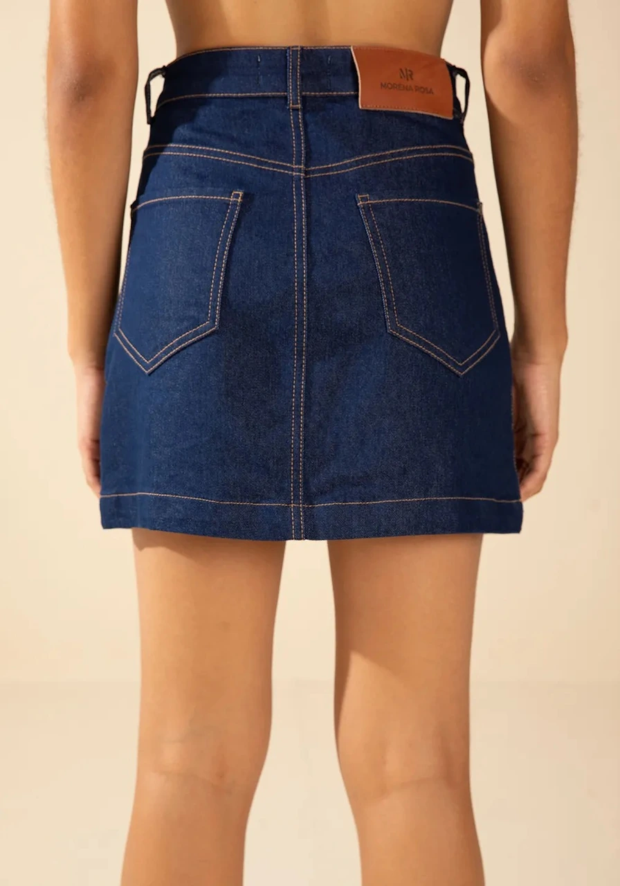 Saia Reta Alta Curta Azul Morena Rosa Ref 15526