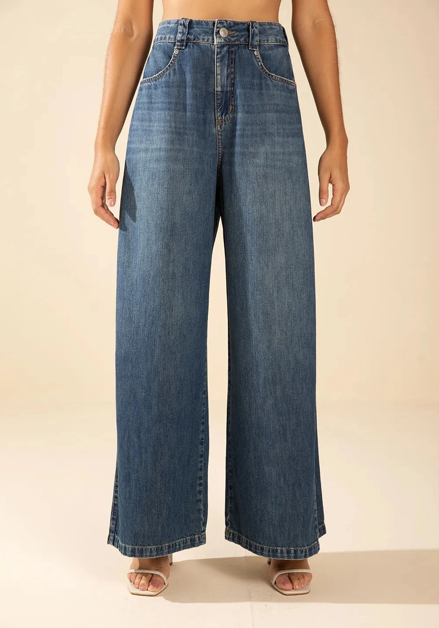 Calça Pantalona Alta Azul Morena Rosa Ref 15744