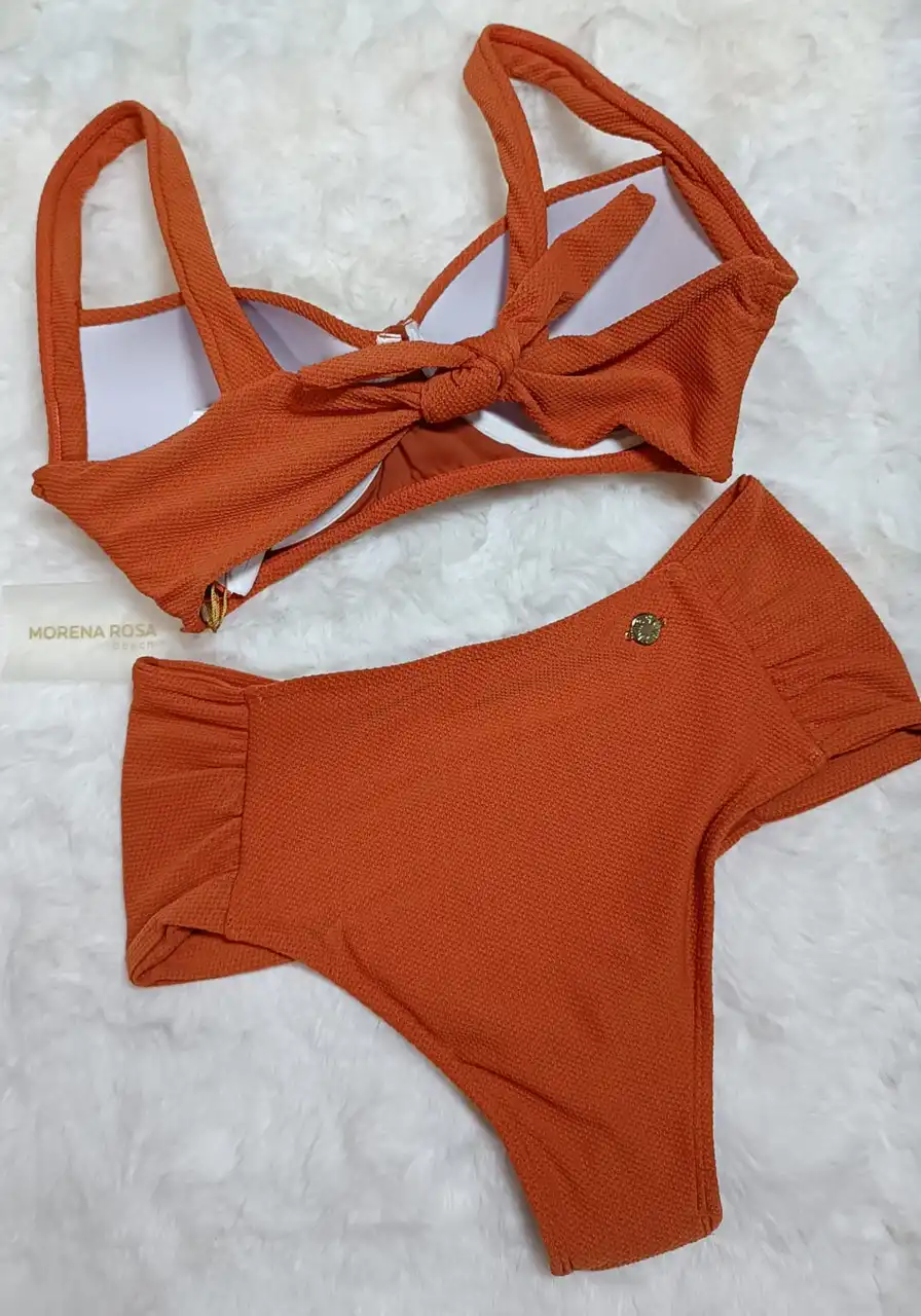 Biquini Meia Taça Com Drapeado Laranja Morena Rosa Ref 10490