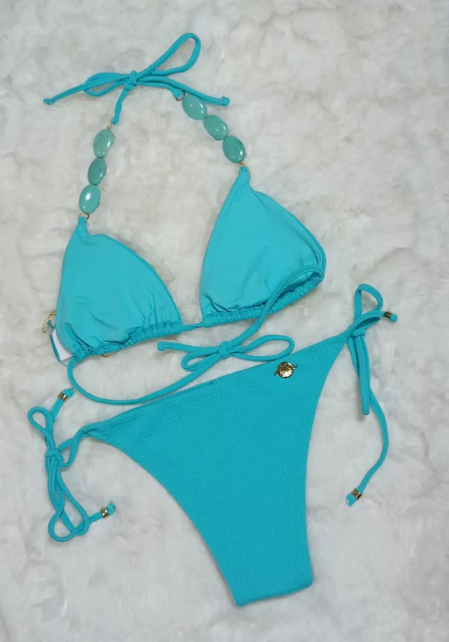 Biquini Cortininha Bordado Azul Morena Rosa Ref 8473