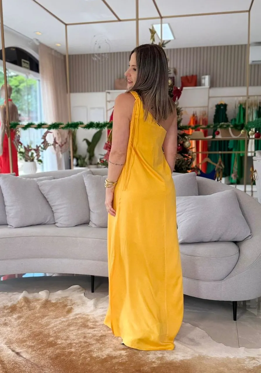 Vestido Solto Um Ombro Só Sem Manga Midi Morena Rosa Laranja Ref 15734