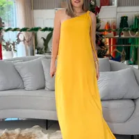 Vestido Solto Um Ombro Só Sem Manga Midi Morena Rosa Laranja Ref 15734 - imagem 3