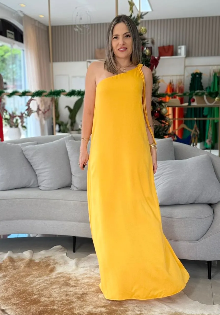 Vestido Solto Um Ombro Só Sem Manga Midi Morena Rosa Laranja Ref 15734