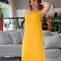 Vestido Solto Um Ombro Só Sem Manga Midi Morena Rosa Laranja Ref 15734 - imagem 2