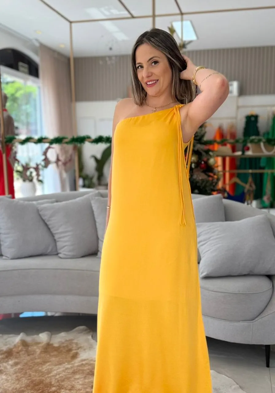 Vestido Solto Um Ombro Só Sem Manga Midi Morena Rosa Laranja Ref 15734