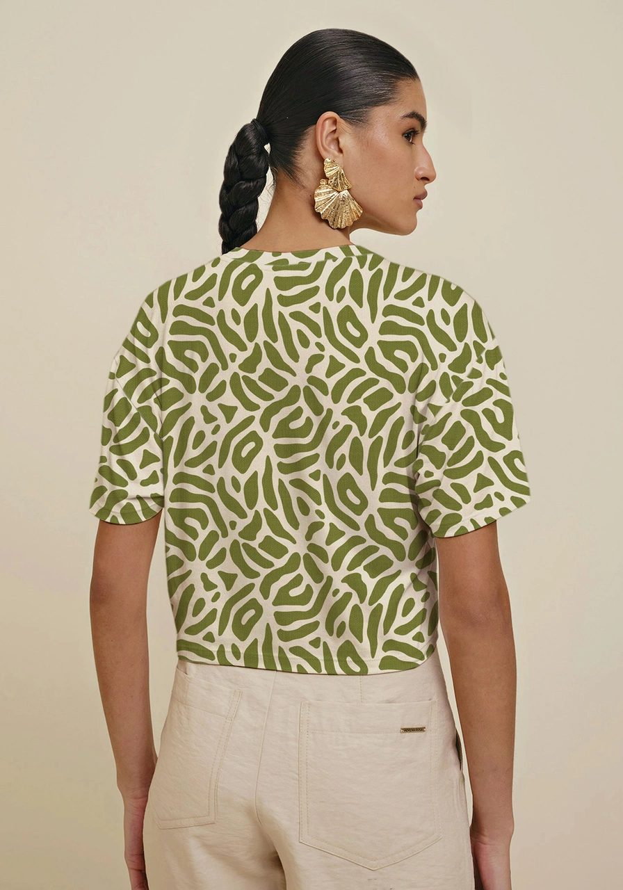 Blusa Decote Redondo Estampada Verde