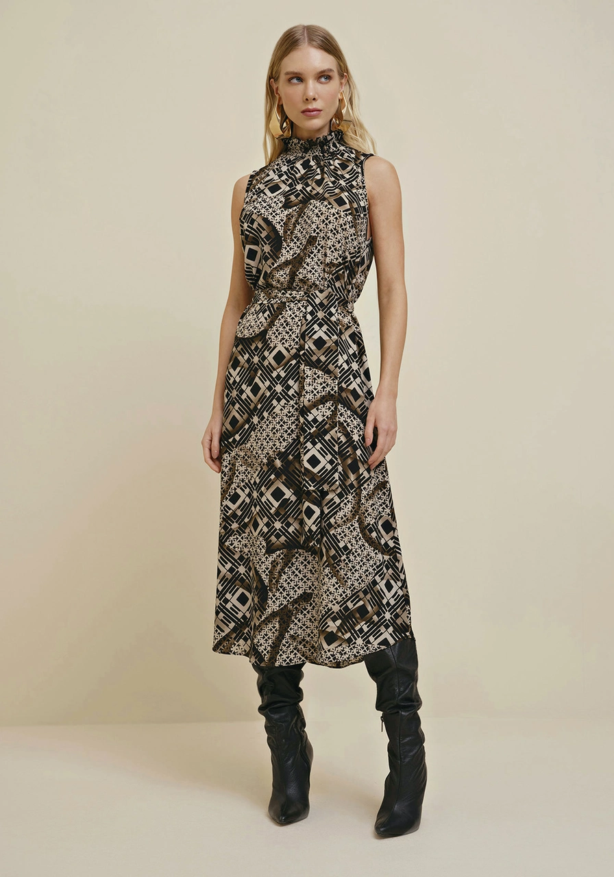 Vestido Morena Rosa Midi Gola Alta Estampado