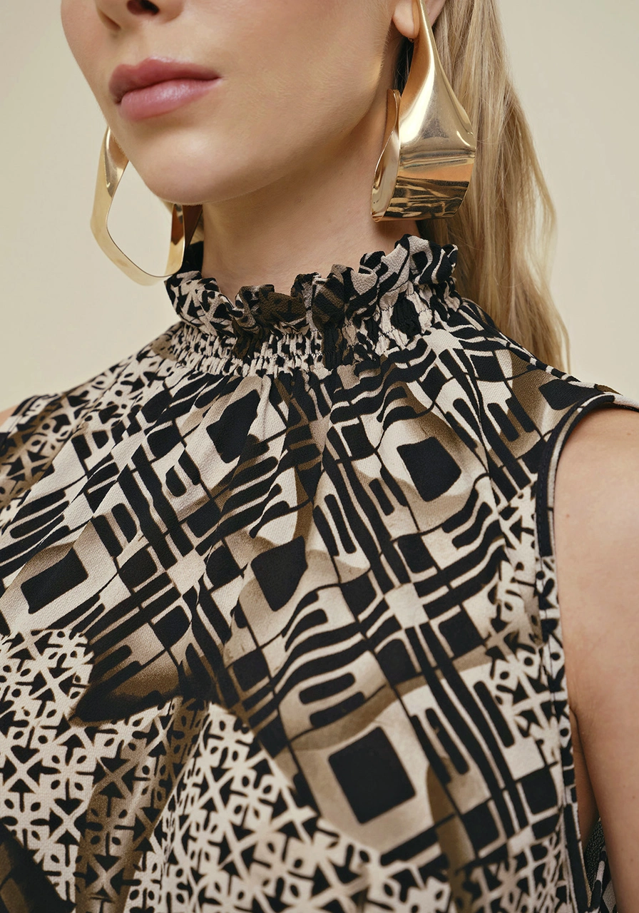 Vestido Morena Rosa Midi Gola Alta Estampado