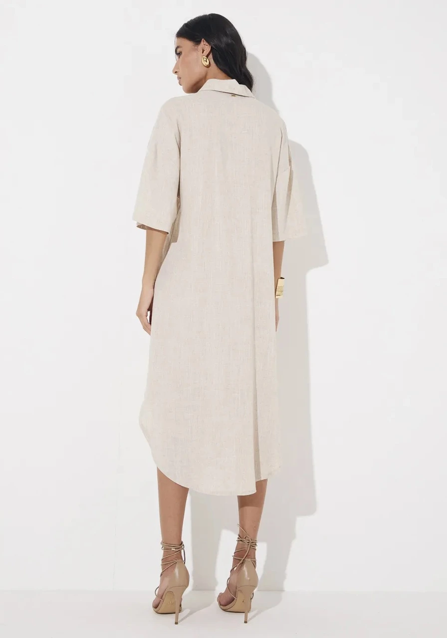 Vestido Linho Bege Greige Sommer Ref 12145